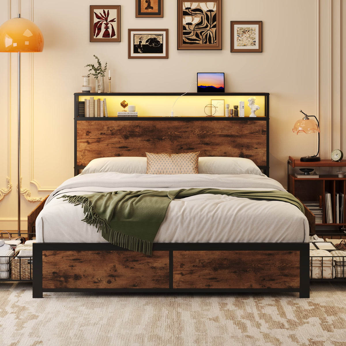 Fluest Full Bed Frame with 2-Tier Storage Headboard, USB Port and LED Light, 4 Storage Drawers,Retro Brown
