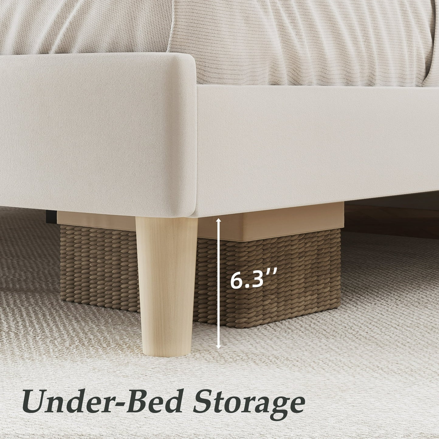 Fluest King Bed Frame with Velvet Upholstered Headboard, Metal Support, No Box Spring Needed, Noise Free, Easy Assembly, Beige