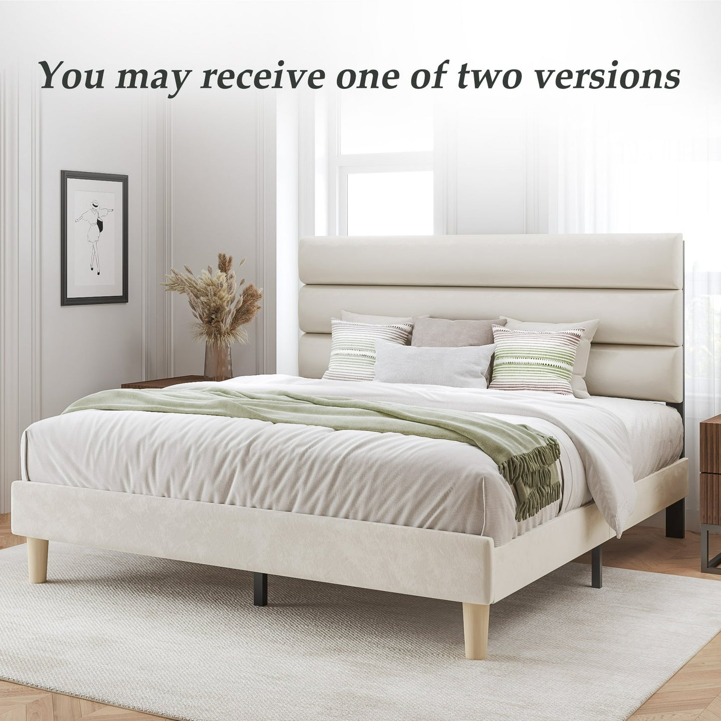 Fluest Queen Bed Frame with Velvet Upholstered Headboard, Metal Support, No Box Spring Needed, Noise Free, Easy Assembly, Beige