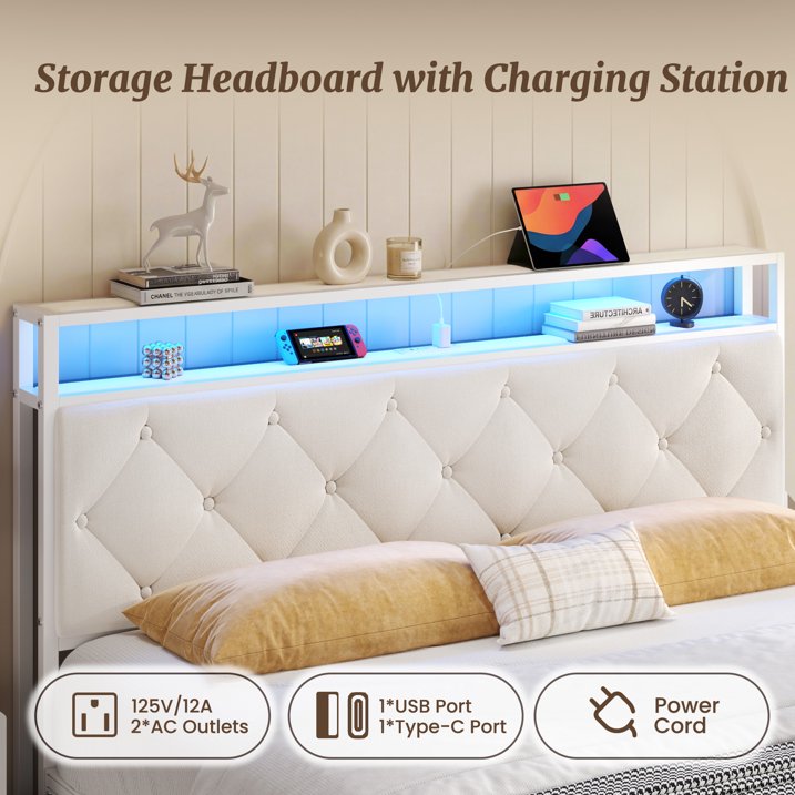 Fluest Queen Size Bed Frame, Upholstered Storage Headboard, 4 Fabric Drawers, Fast Charging Station, LED Lights, Beige, No Box Spring Needed, Easy Assembly