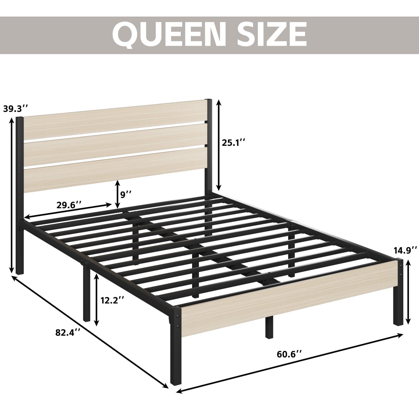 Fluest Queen Size Bed Frame with Headboard and Footboard,Metal Support,No Box Spring Needed, Begie