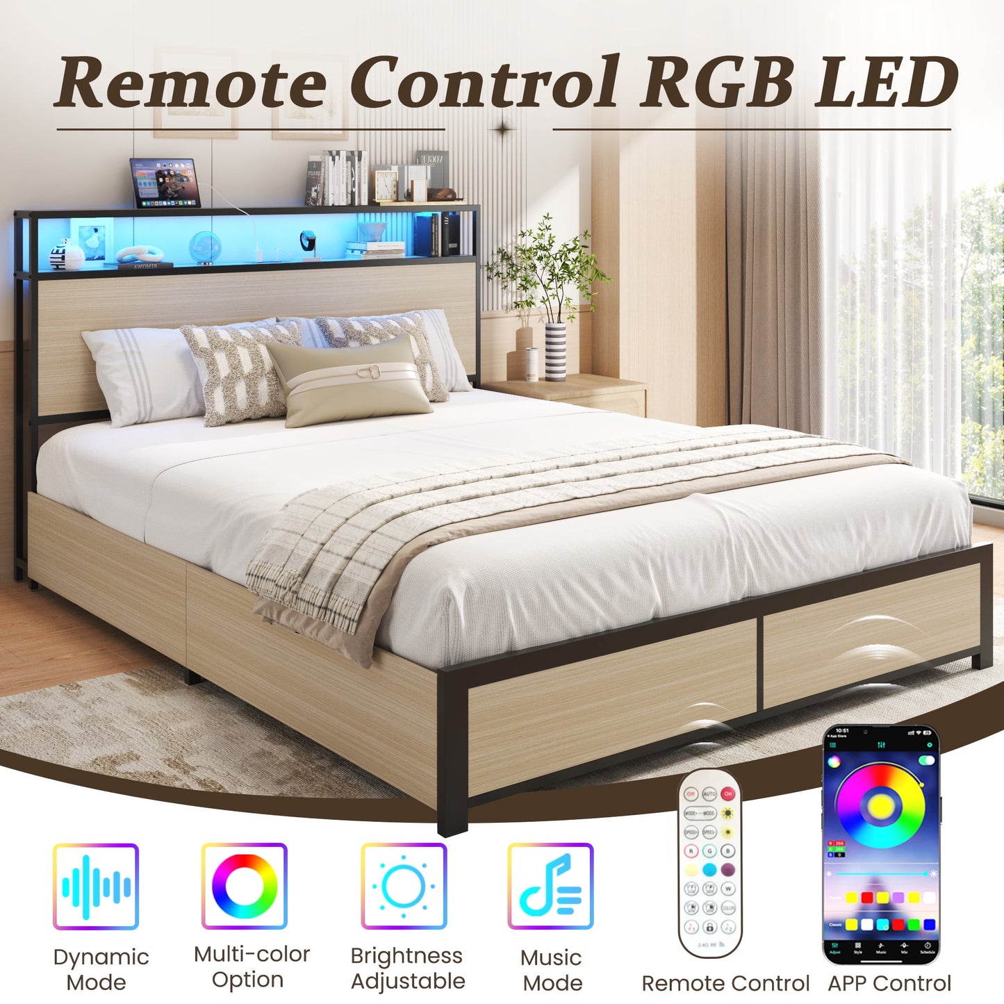 Queen Bed Frame with 2-Tier Headboard, Metal Support, USB Port & LED Light, 4 Storage Drawers, Begie