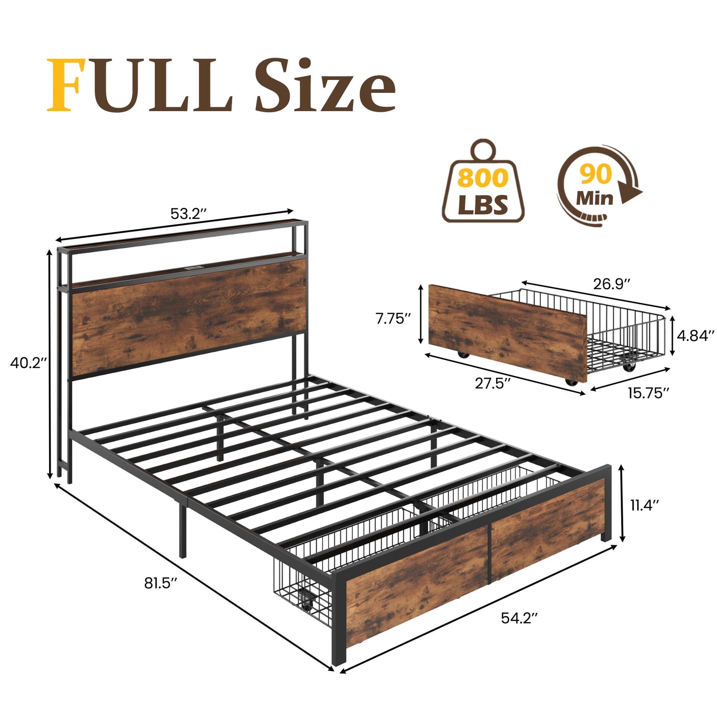 Full Bed Frame with Headboard and Storage,2-Tier Storage Headboard & Foot-Board Drawers, Rustic Brown