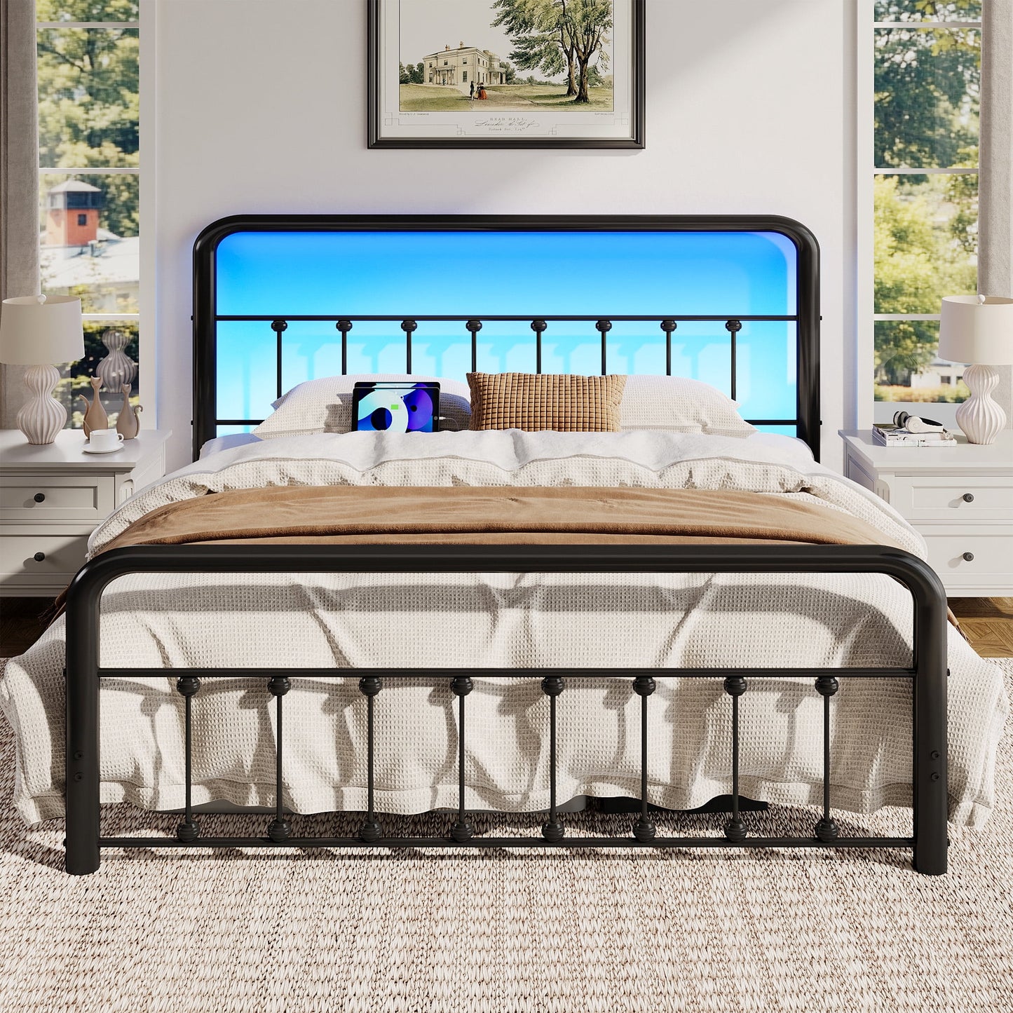 Fluest Queen Metal Platform Bed Frame with Charging Station and LED, Classic Headboard, No Box Spring Required, Modern Black