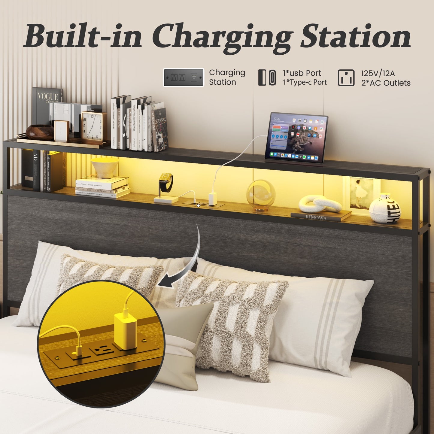 Fluest Queen Bed Frame with 2-Tier Headboard,Metal Support,USB Port & LED Light, 4 Storage Drawers, Grey