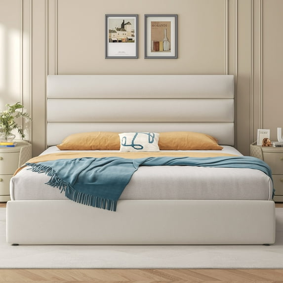Bed Frame with Storage Drawers, Upholstered Headboard, Metal Support, Queen, Begie