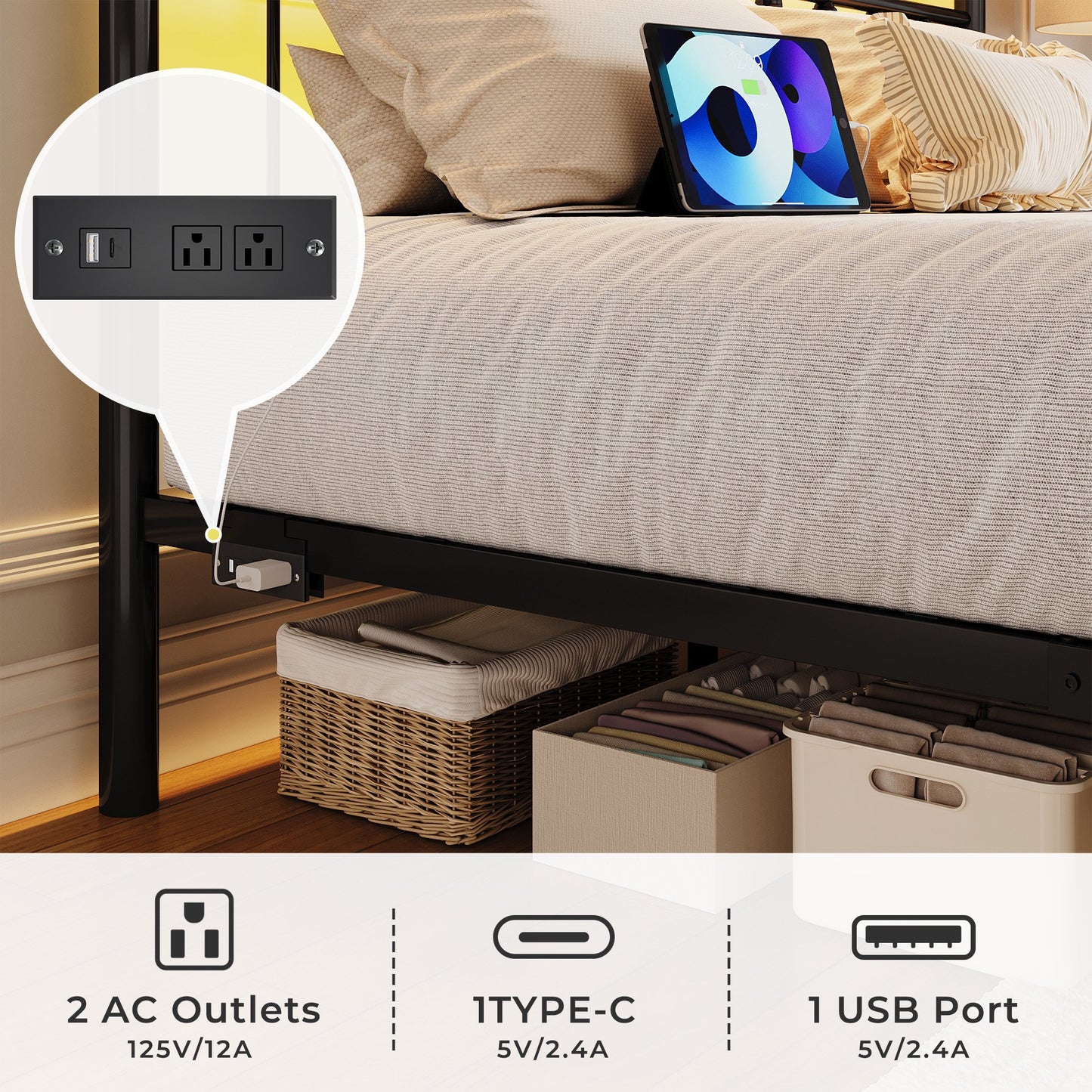 Fluest Queen Metal Platform Bed Frame with Charging Station and LED, Classic Headboard, No Box Spring Required, Modern Black