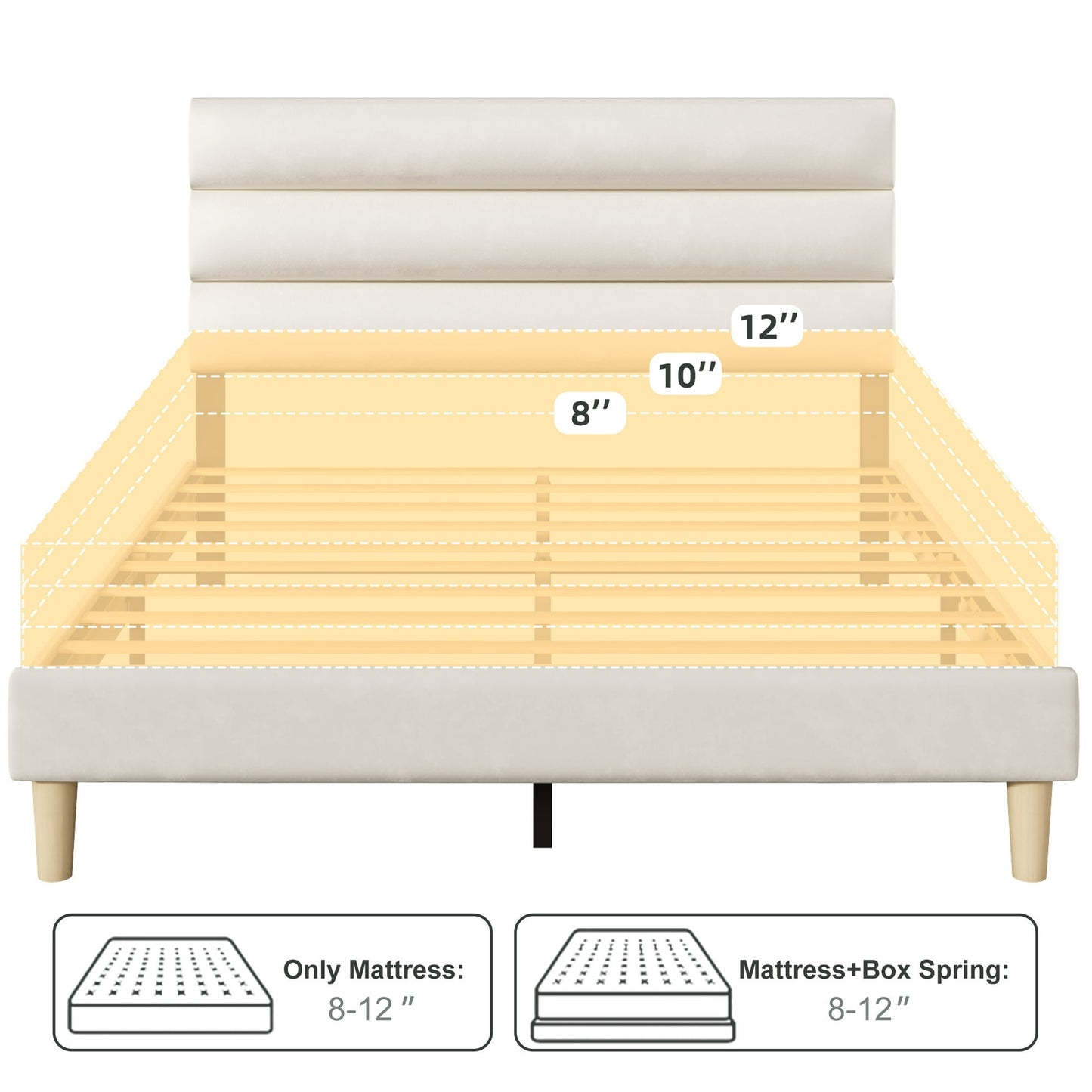 Fluest Queen Bed Frame with Velvet Upholstered Headboard, Metal Support, No Box Spring Needed, Noise Free, Easy Assembly, Beige