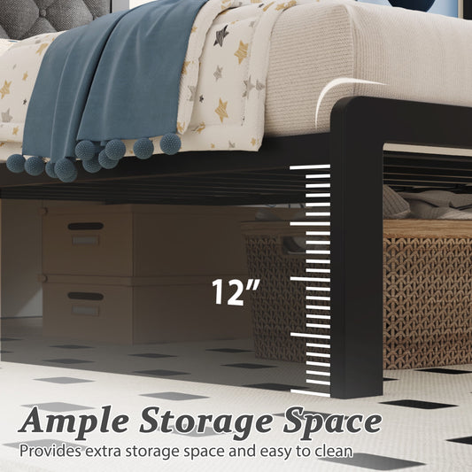 Bed Frame with Headboard Linen Upholstered, All Metal Slats Support Platform, Twin, Grey