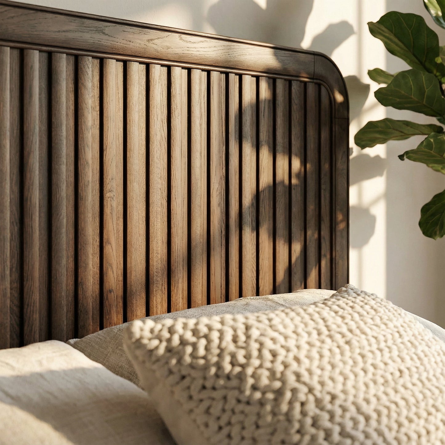 Fluest Queen Size Wood Platform Bed Frame with Vertical Slat Headboard, Rustic Brown, No Box Spring Needed, Noise-Free