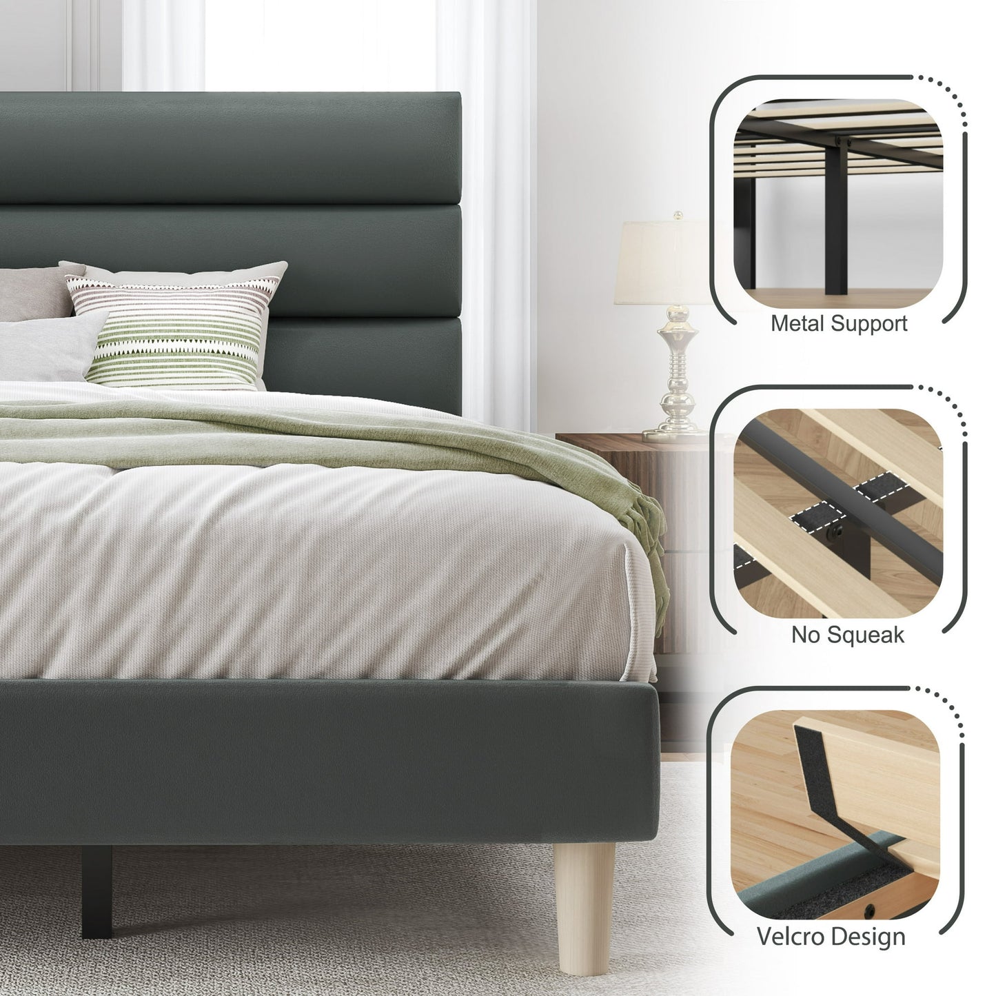 Fluest King Bed Frame with Velvet Upholstered Headboard, Metal Support and No Box Spring