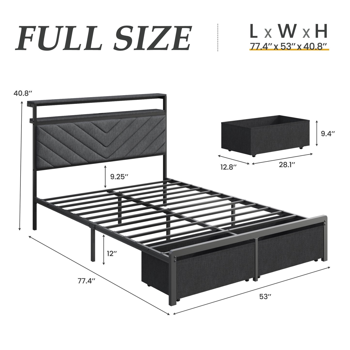 Full bed frame with charging station, LED lights, and storage drawers, with soft cushioned headboard, under bed storage space, easy to install, gray