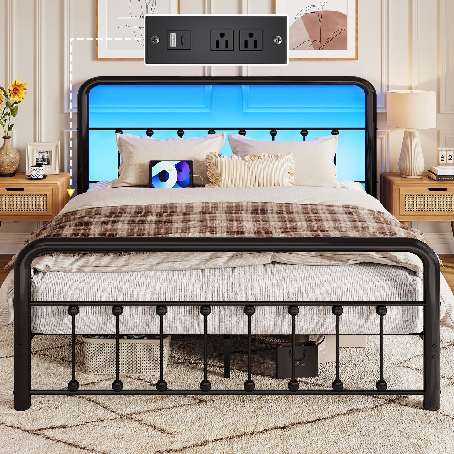 Fluest Queen Metal Platform Bed Frame with Charging Station and LED, Classic Headboard, No Box Spring Required, Modern Black